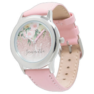 Modern Rosa Glitter & Flowers-Gnistra med Namn Armbandsur