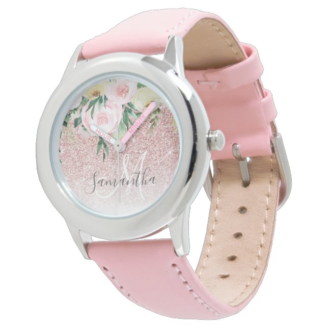 Modern Rosa Glitter & Flowers-Gnistra med Namn Armbandsur (Vinklad)