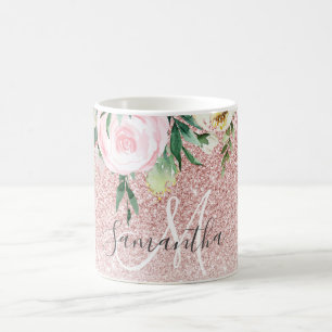 Modern Rosa Glitter & Flowers-Gnistra med Namn Kaffemugg