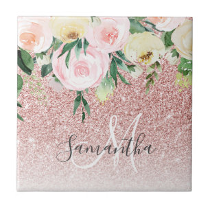 Modern Rosa Glitter & Flowers-Gnistra med Namn Kakelplatta