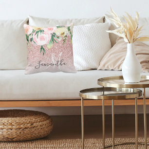 Modern Rosa Glitter & Flowers-Gnistra med Namn Kudde