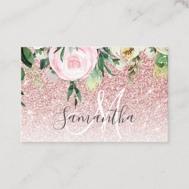 Modern Rosa Glitter & Flowers-Gnistra med Namn Visitkort (Framsida)