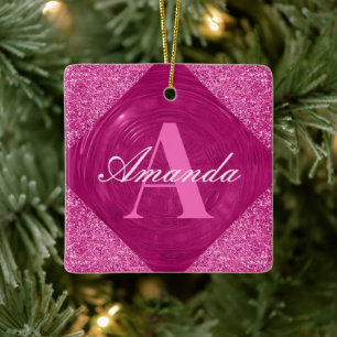 Modern Rosa Glitter Girly Monogram Julgransprydnad Keramik