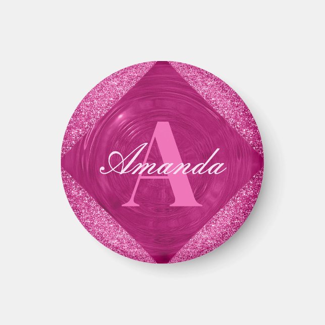 Modern Rosa Glitter Girly Monogram Magnet (Framsidan)