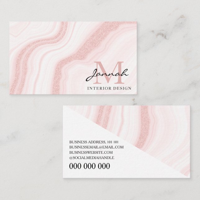 Modern  Rosa Glitter Marble Agate Monogram Visitkort (Fram/baksida)