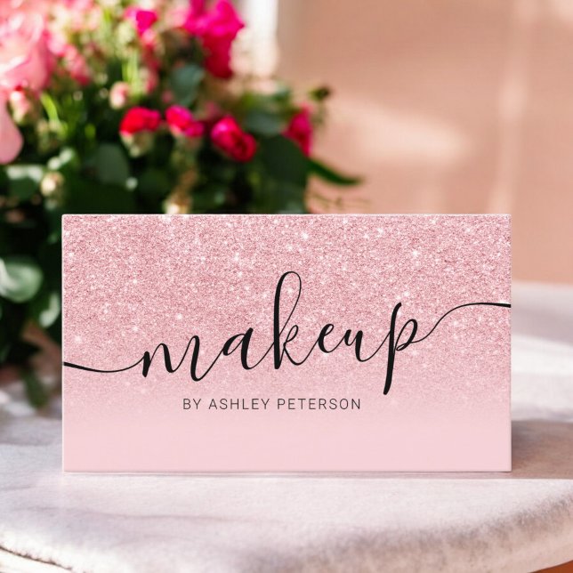 Modern rosa glitter-miniatyrbilsmakeriup visitkort (Modern pink glitter sparkles script makeup business card)