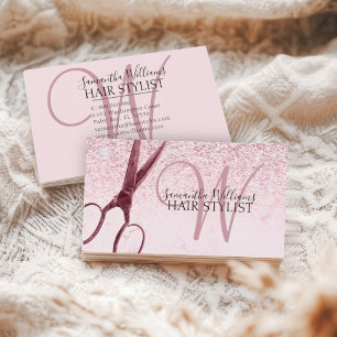 Modern Rosa Glitter Monogram Scissor Hair Stylist Visitkort