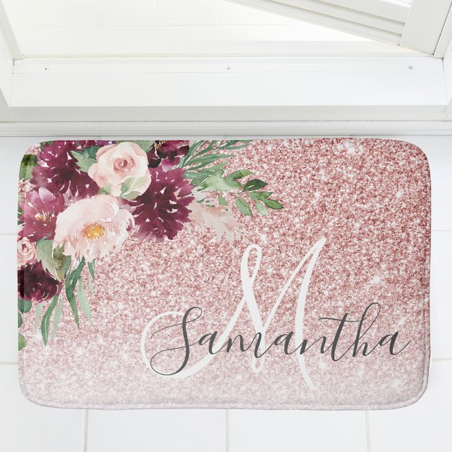 Modern Rosa Glitter och blomma Gnistra med Namn Badrumsmatta (Skapare uppladdad)