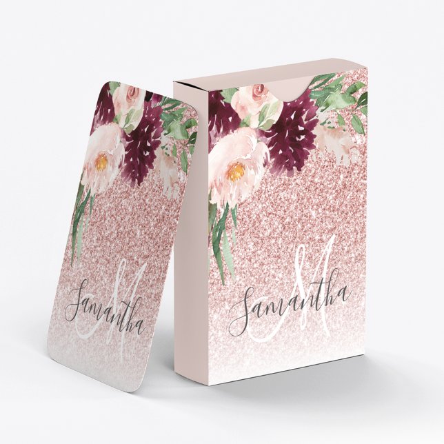 Modern Rosa Glitter och blomma Gnistra med Namn Casinokort (Skapare uppladdad)