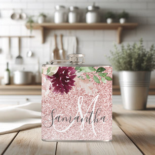 Modern Rosa Glitter och blomma Gnistra med Namn Fickplunta