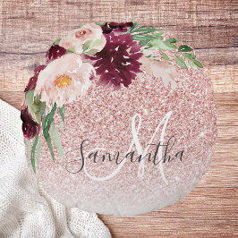 Modern Rosa Glitter och blomma Gnistra med Namn Rund Kudde