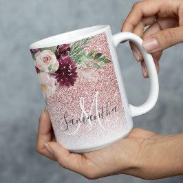 Modern Rosa Glitter och blomma Gnistra med Namn Två-Tonad Mugg