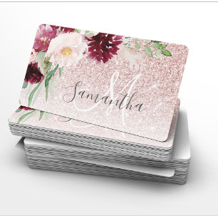 Modern Rosa Glitter och blomma Gnistra med Namn Visitkort