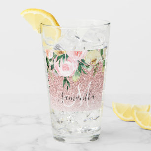 Modern Rosa Glitter och blommor Gnistra med Namn Glaskopp