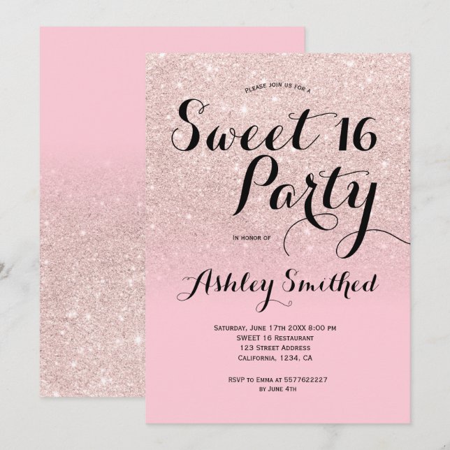 Modern rosa glitter ombre Sweet 16 Inbjudningar (Fram/baksida)