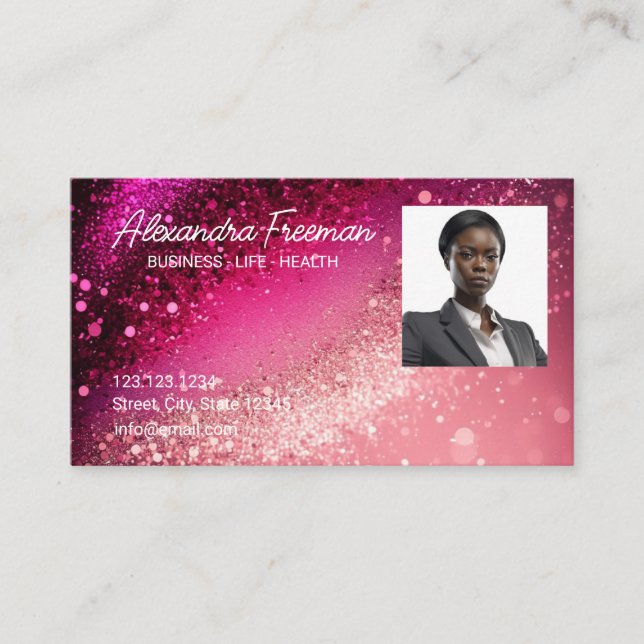Modern Rosa Glitter Photo Template Insurance Agent Visitkort (Framsida)