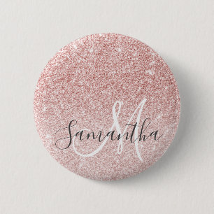 Modern Rosa Glitter Sparkles Personlig Namn Knapp