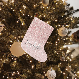Modern Rosa Glitter Sparkles Personlig Namn Stor Julstrumpa