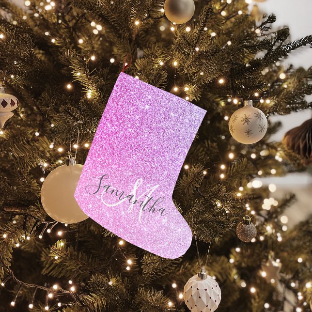 Modern Rosa Glitter Sparkles Personlig Namn Stor Julstrumpa (Skapare uppladdad)