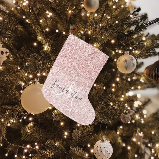 Modern Rosa Glitter Sparkles Personlig Namn Stor Julstrumpa (Skapare uppladdad)