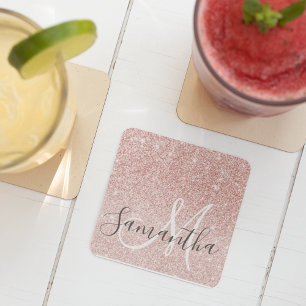 Modern Rosa Glitter Sparkles Personlig Namn Underlägg Papper Kvadrat