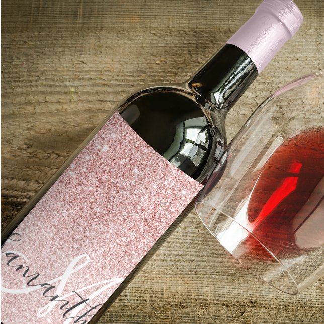 Modern Rosa Glitter Sparkles Personlig Namn Vinflaska Etikett (Skapare uppladdad)