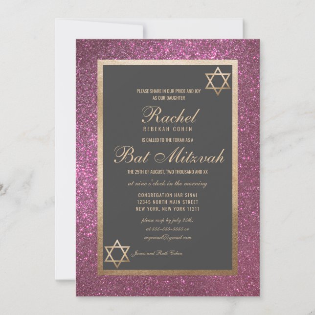 Modern Rosa Glitter Thick Gräns Bat mitzvah Inbjudningar (Framsida)