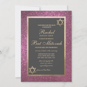 Modern Rosa Glitter Thick Gräns Bat mitzvah Inbjudningar