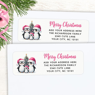 Modern Rosa God jul Cute Penguins-familjen Returadress Etikett