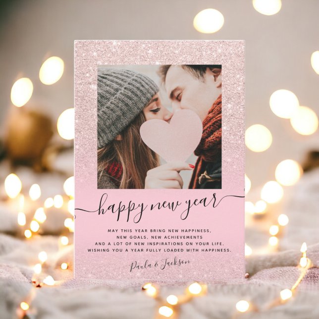 Modern rosa gott nytt år ro guld glitter julkort (Modern happy New Year rose gold glitter pink photo Holiday Card)