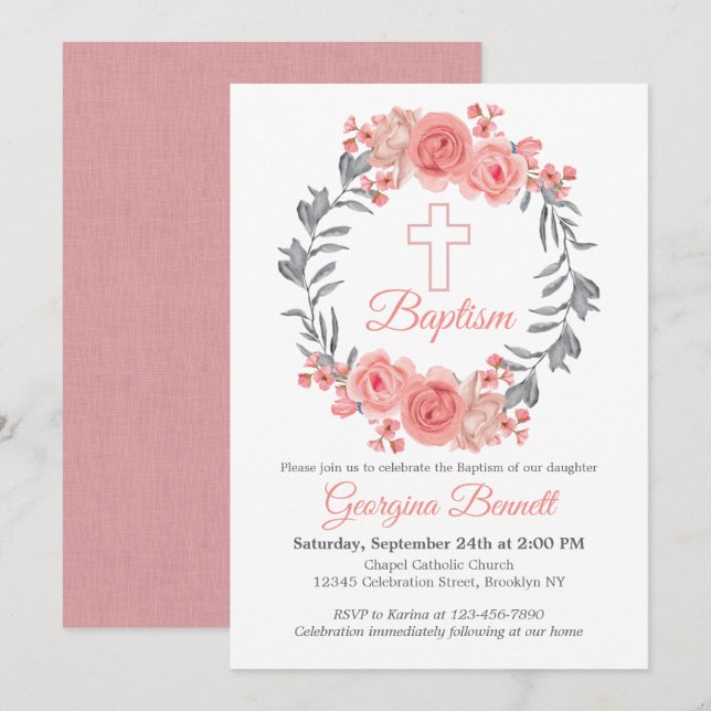 Modern Rosa  Grått Blommigt Utandning Kor Baptism Inbjudningar (Fram/baksida)