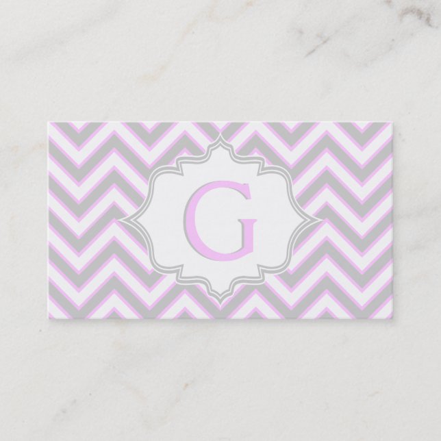 Modern rosa, grått chevron monogram personlig visitkort (Framsida)