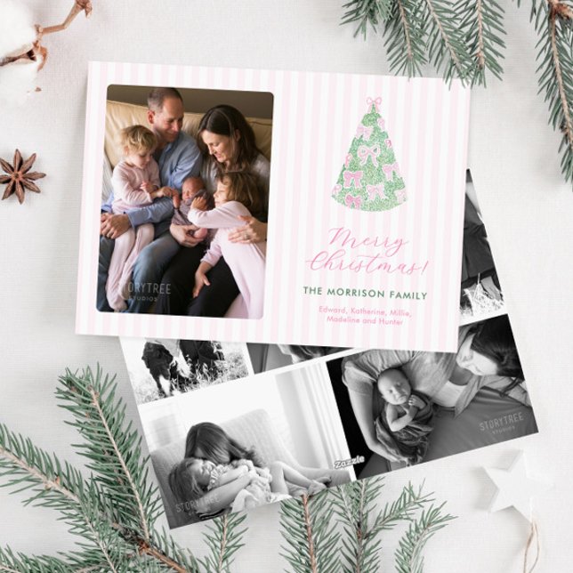 Modern Rosa Grön Akvarellslingor Jul Foto Julkort (Whimsical pink and green bows hand-drawn hand-painted watercolor photo collage christmas card)