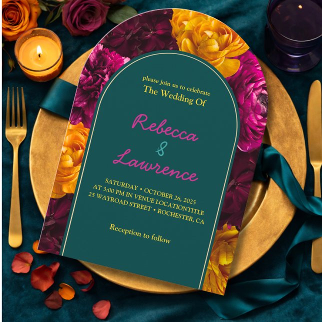 Modern rosa grön gul blom- inbjudningar (Skapare uppladdad)