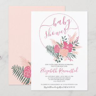 Modern rosa grönt blommigt bouquet font babydusch inbjudningar