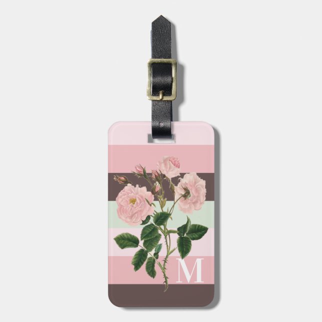 Modern Rosa Grönt Brown Stripe Blommigt Monogram Bagagebricka (Vertikal Framsida)