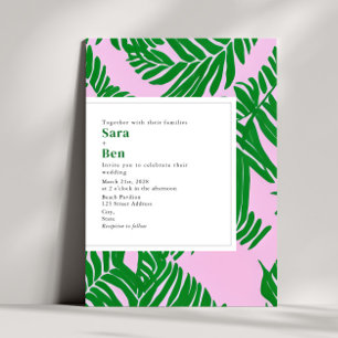 Modern Rosa + Grönt Handflatan Träd Beach Wedand Inbjudningar