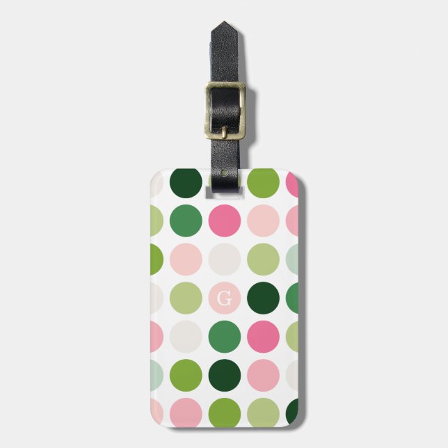 Modern rosa grönt polka dots mönster monogram bagagebricka (Vertikal Framsida)