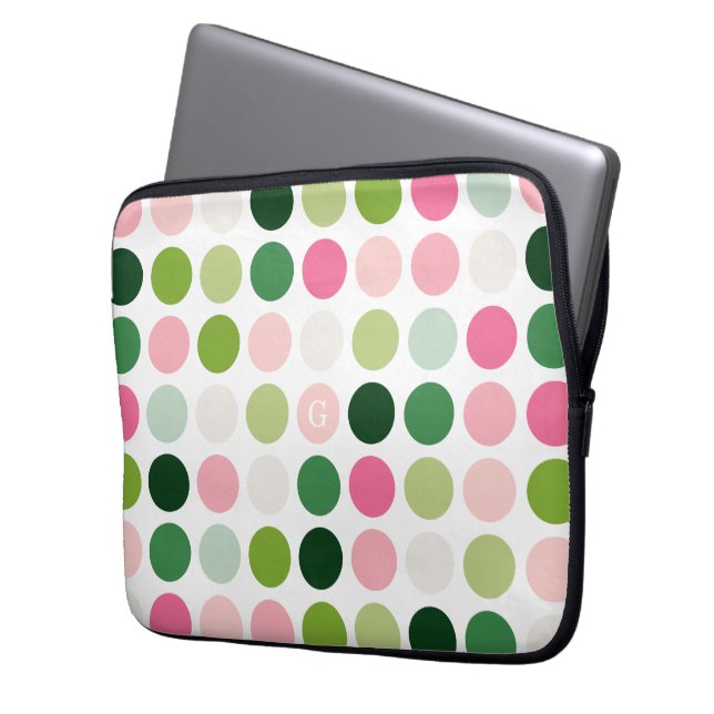 Modern rosa grönt polka dots mönster monogram laptop sleeve (Framsidan Vänster)