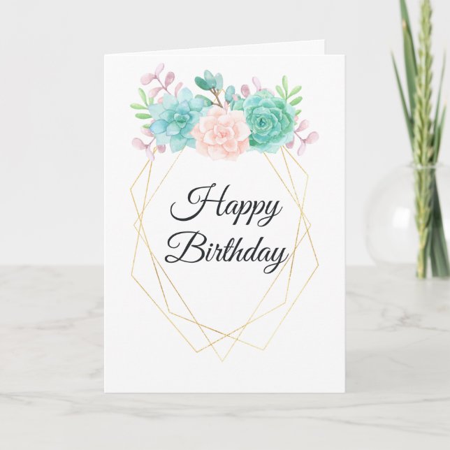 Modern Rosa & Grönt Succulents Watercolor Birthday Kort (Framsida)