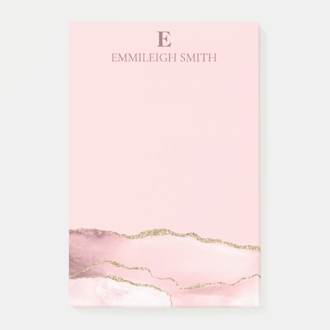 Modern Rosa Guld Agate Marble Monogram Post-it Block (Framsida)