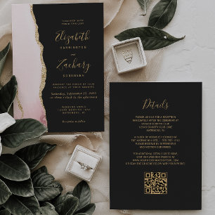 Modern Rosa Guld Agate Mörk QR Code Bröllop Inbjudningar
