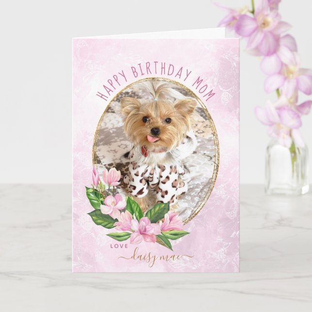 Modern Rosa Guld Blommig Krans Hund Foto Födelseda Kort (Orkide)