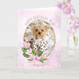 Modern Rosa Guld Blommig Krans Hund Foto Födelseda Kort
