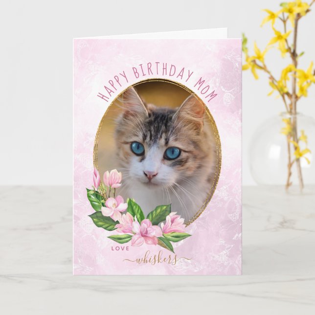 Modern Rosa Guld Blommig Krans Katt Foto Födelseda Kort (Gul blomma)