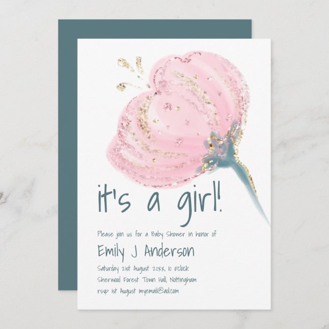 Modern Rosa Guld: Flickan BabyShower handskriven Inbjudningar (Fram/baksida)