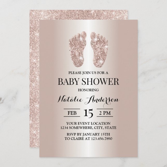 Modern Rosa Guld Glitter Babyfötter Barnkalas Inbjudningar (Fram/baksida)