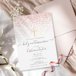 Modern Rosa Guld Glitter Första Kommunion Inbjudningar