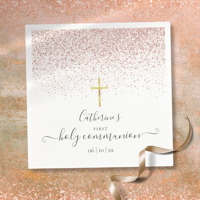 Modern Rosa Guld Glitter Första Kommunion Pappersservett (Modern Rose Gold Glitter First Holy Communion Napkins)