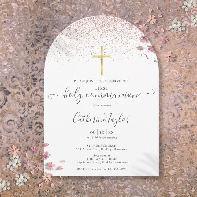 Modern Rosa Guld Glitter Första Nattvarden Inbjudningar (Modern Rose Gold Glitter First Holy Communion Invitation)